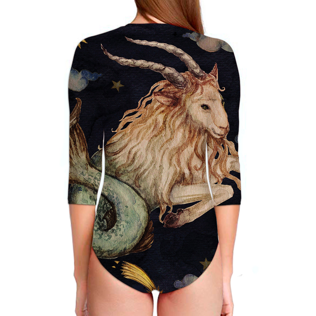 Watercolor Capricorn Zodiac Sign Print Long Sleeve Swimsuit