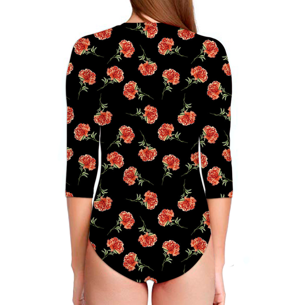 Watercolor Carnation Pattern Print Long Sleeve Swimsuit