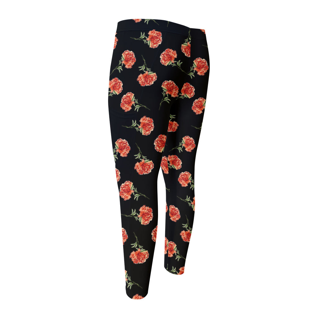Watercolor Carnation Pattern Print Men's Compression Pants