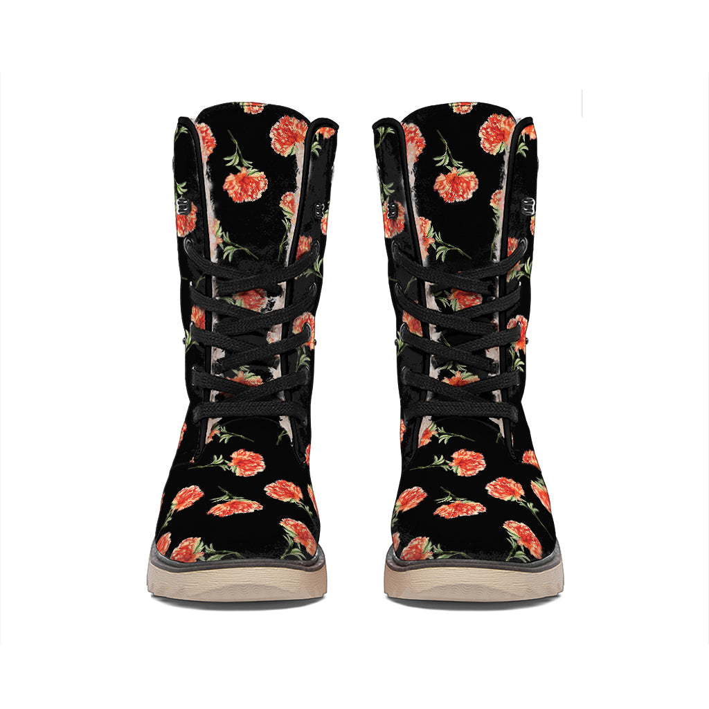 Watercolor Carnation Pattern Print Winter Boots