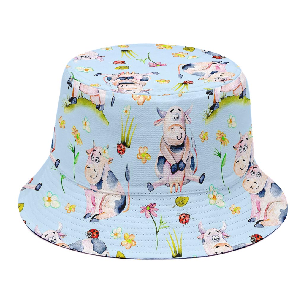 Watercolor Cartoon Cow Pattern Print Bucket Hat