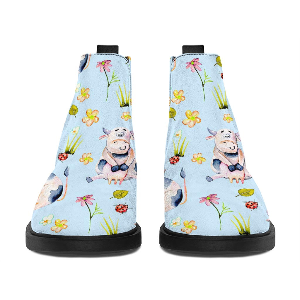 Watercolor Cartoon Cow Pattern Print Flat Ankle Boots