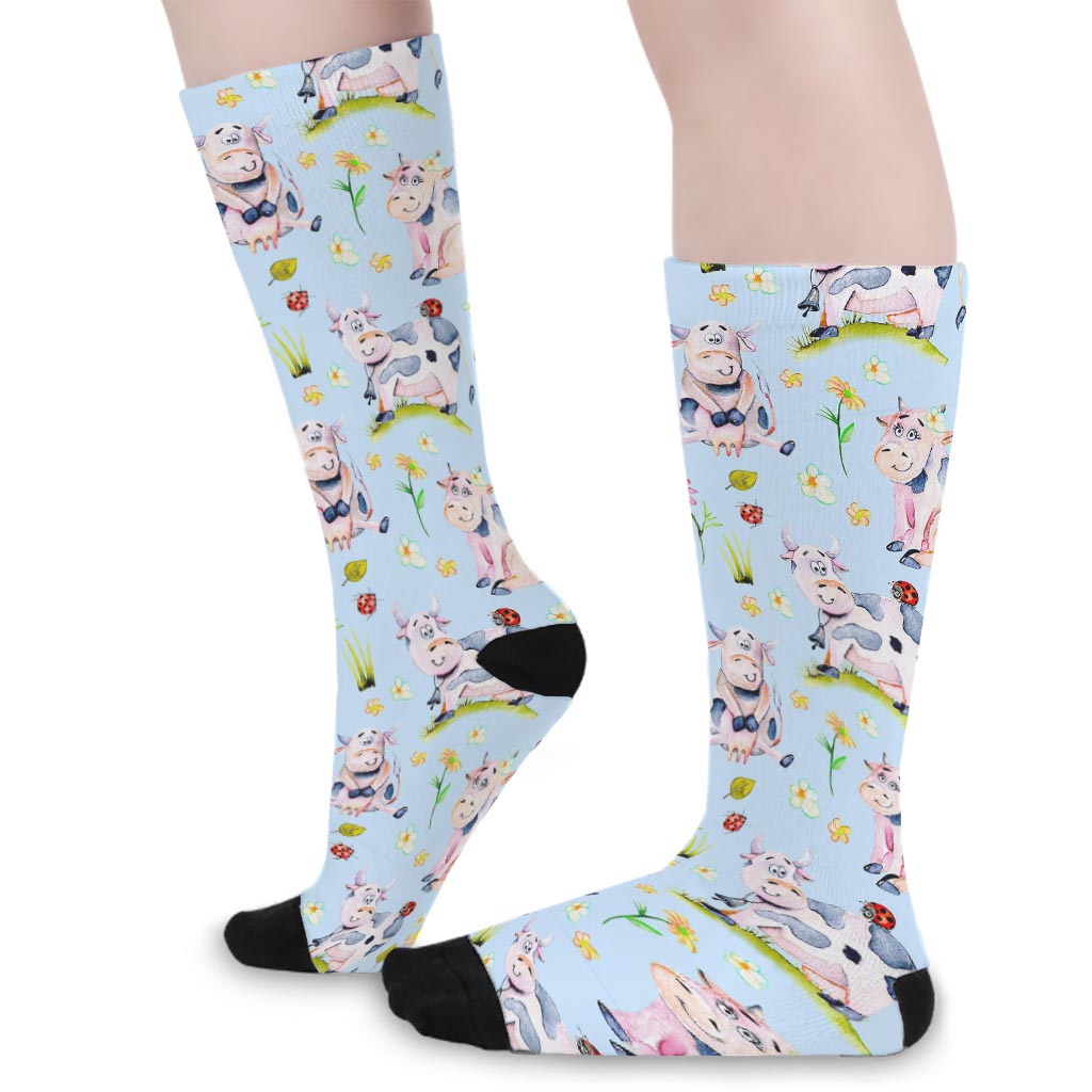 Watercolor Cartoon Cow Pattern Print Long Socks