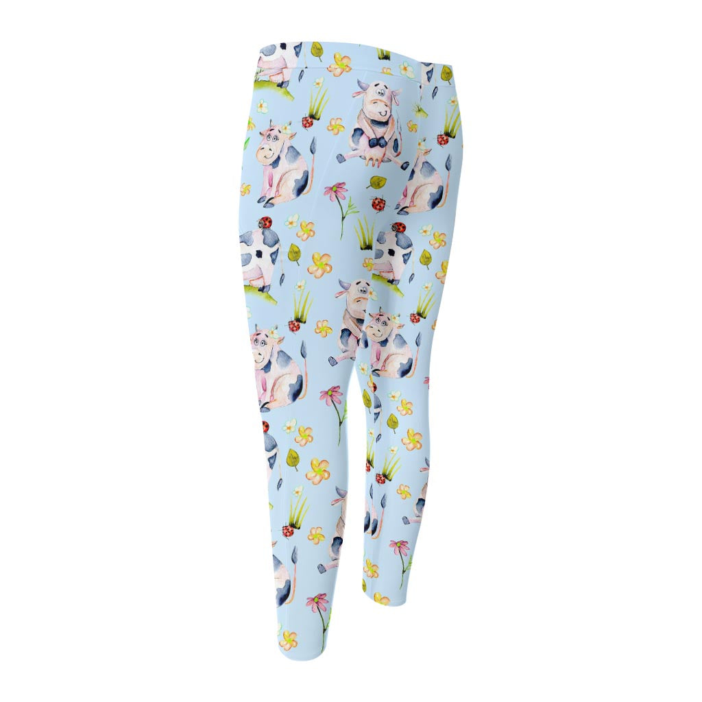 Watercolor Cartoon Cow Pattern Print Men's Compression Pants