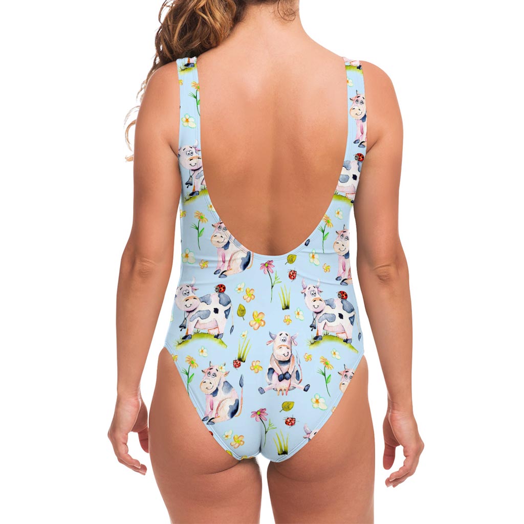 Watercolor Cartoon Cow Pattern Print One Piece Swimsuit