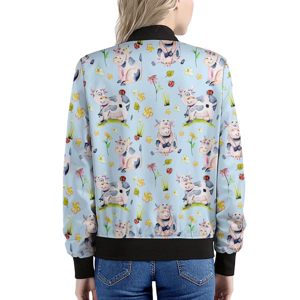Watercolor Cartoon Cow Pattern Print Women's Bomber Jacket