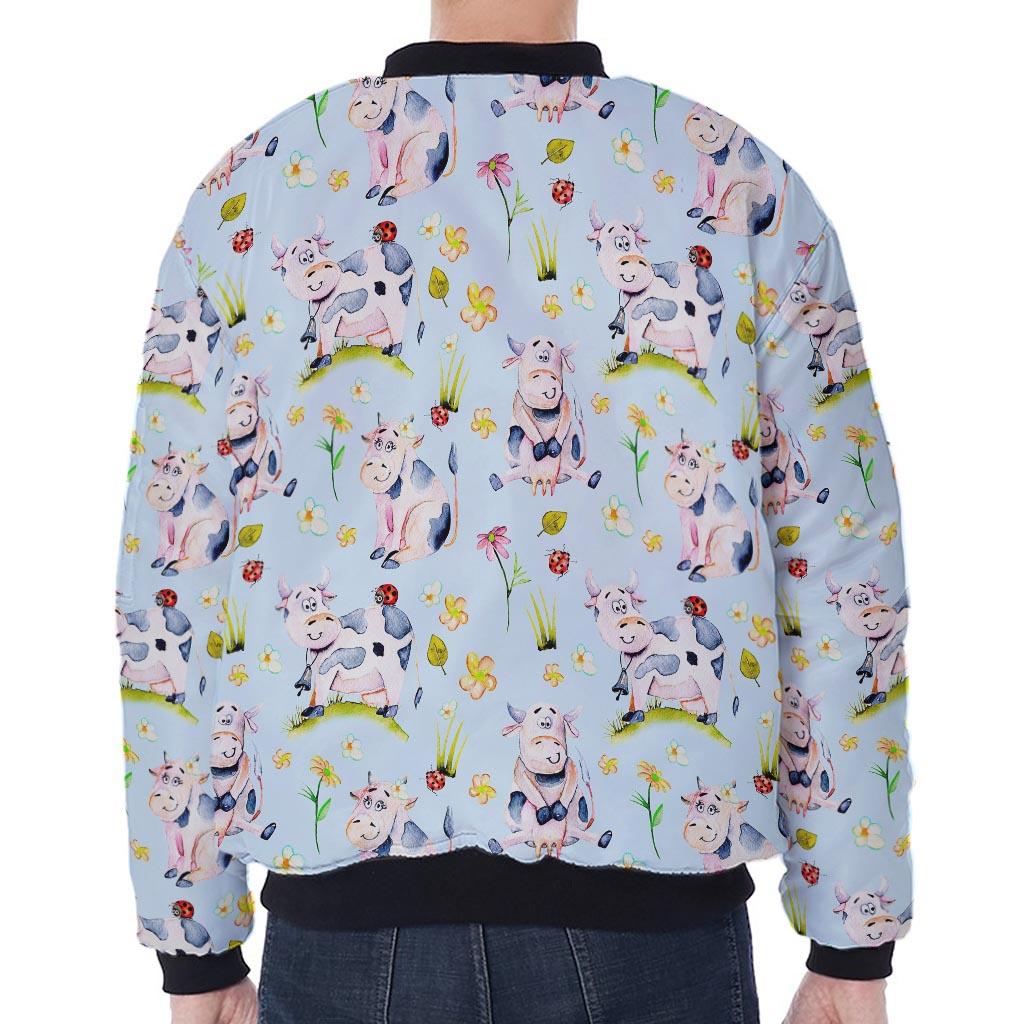 Watercolor Cartoon Cow Pattern Print Zip Sleeve Bomber Jacket