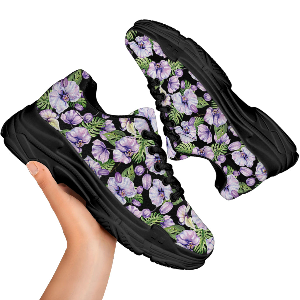 Watercolor Cattleya Pattern Print Black Chunky Shoes