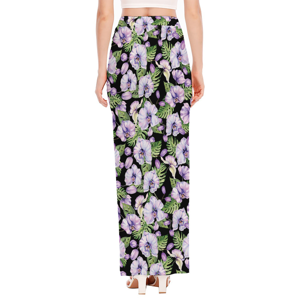 Watercolor Cattleya Pattern Print High Slit Maxi Skirt