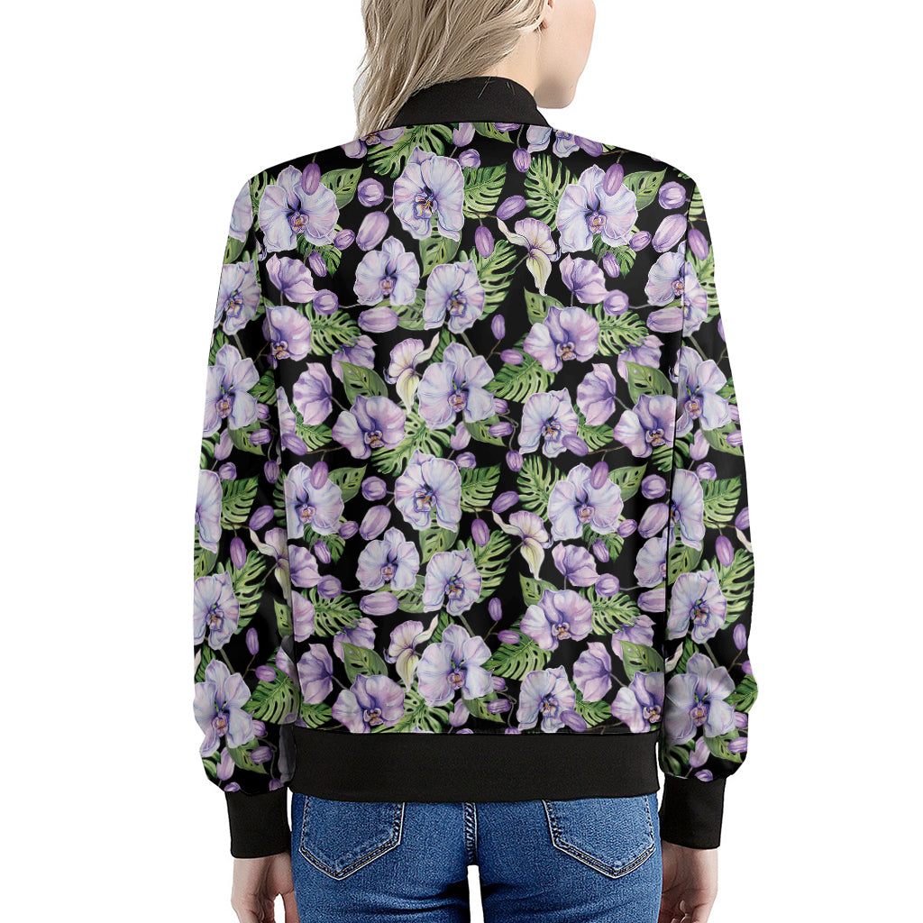 Watercolor Cattleya Pattern Print Women's Bomber Jacket