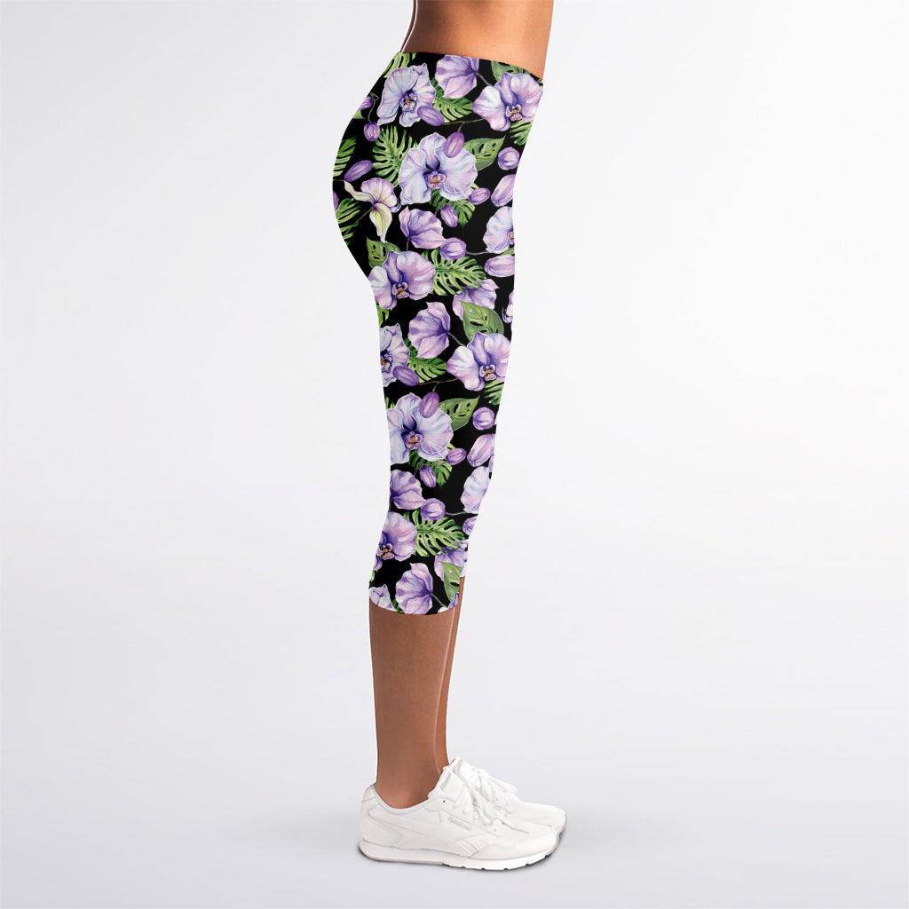 Watercolor Cattleya Pattern Print Women's Capri Leggings