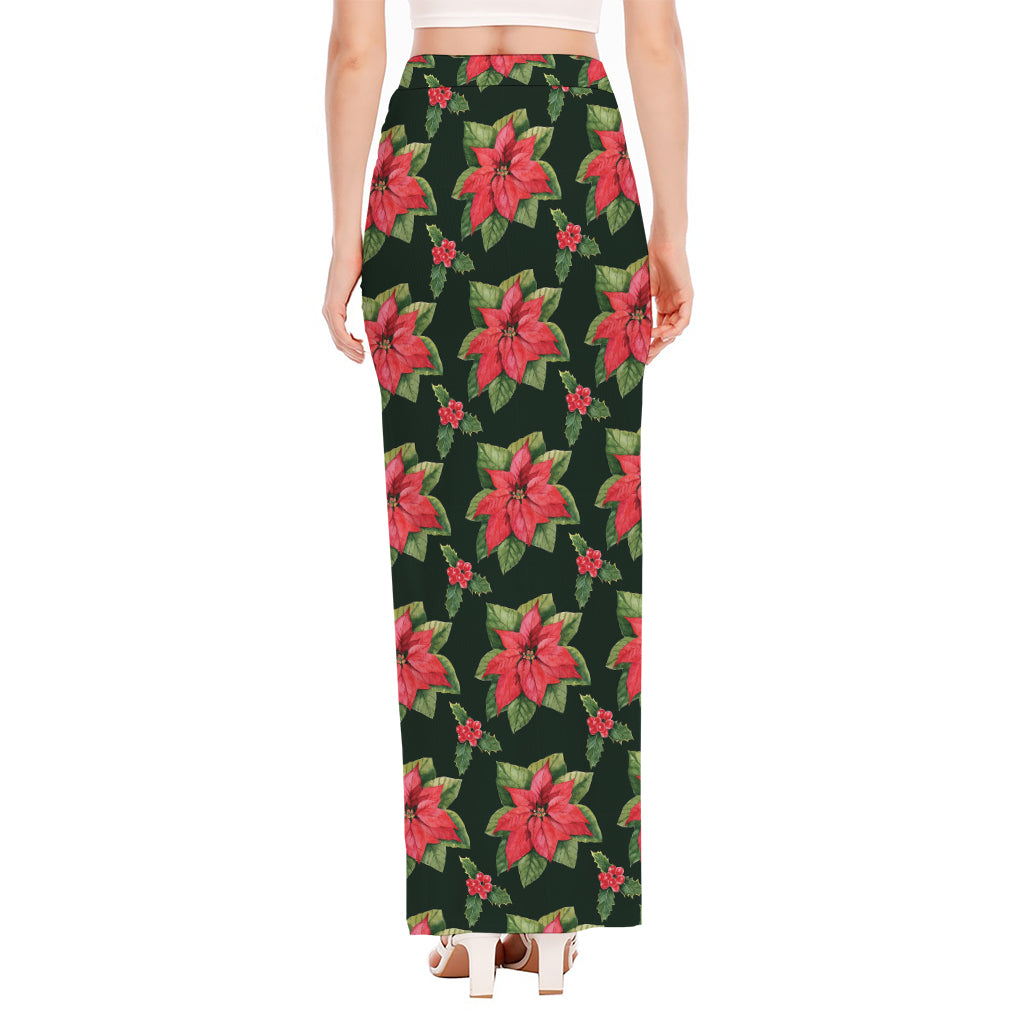 Watercolor Christmas Poinsettia Print High Slit Maxi Skirt