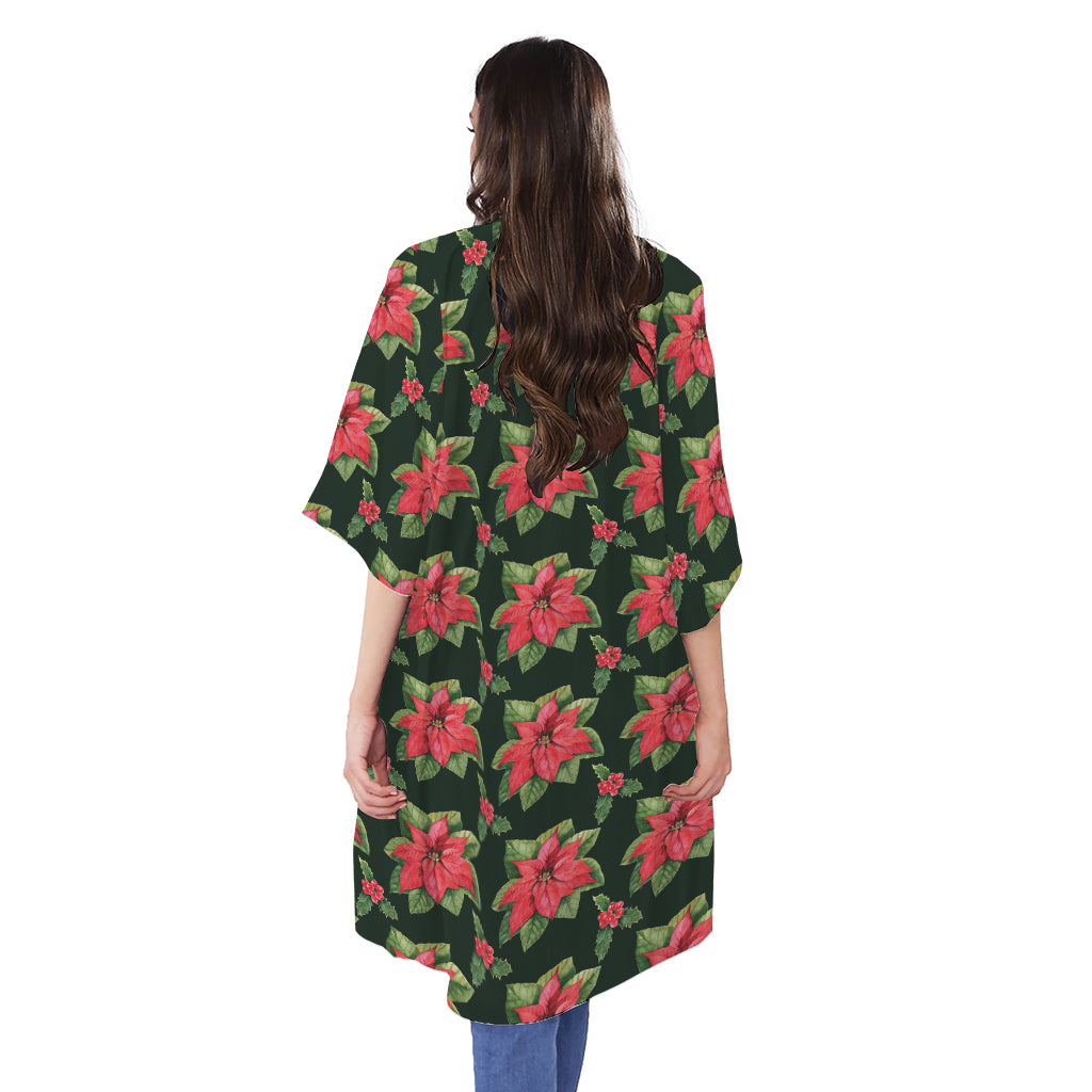 Watercolor Christmas Poinsettia Print Open Front Beach Cover Up
