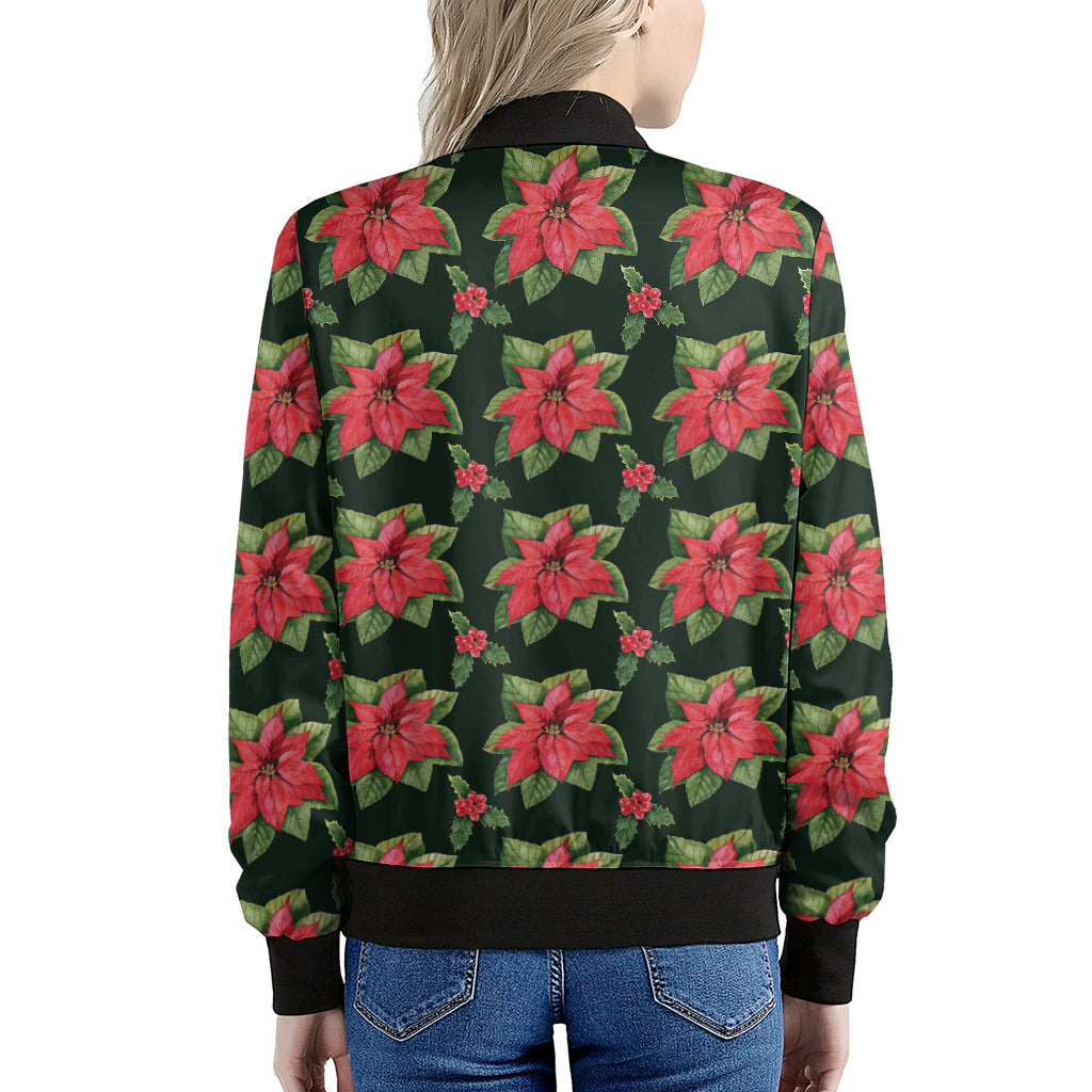 Watercolor Christmas Poinsettia Print Women's Bomber Jacket