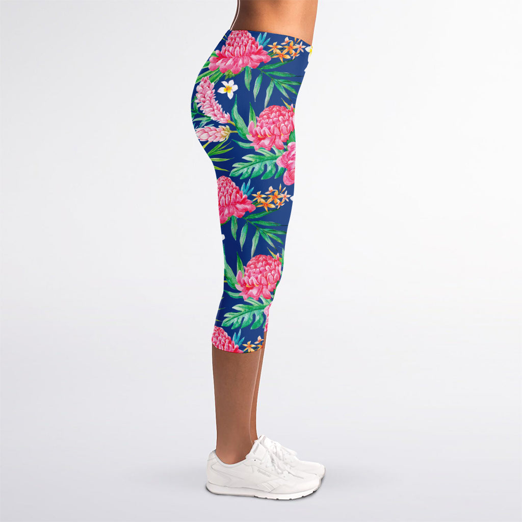 Watercolor Chrysanthemum Pattern Print Women's Capri Leggings