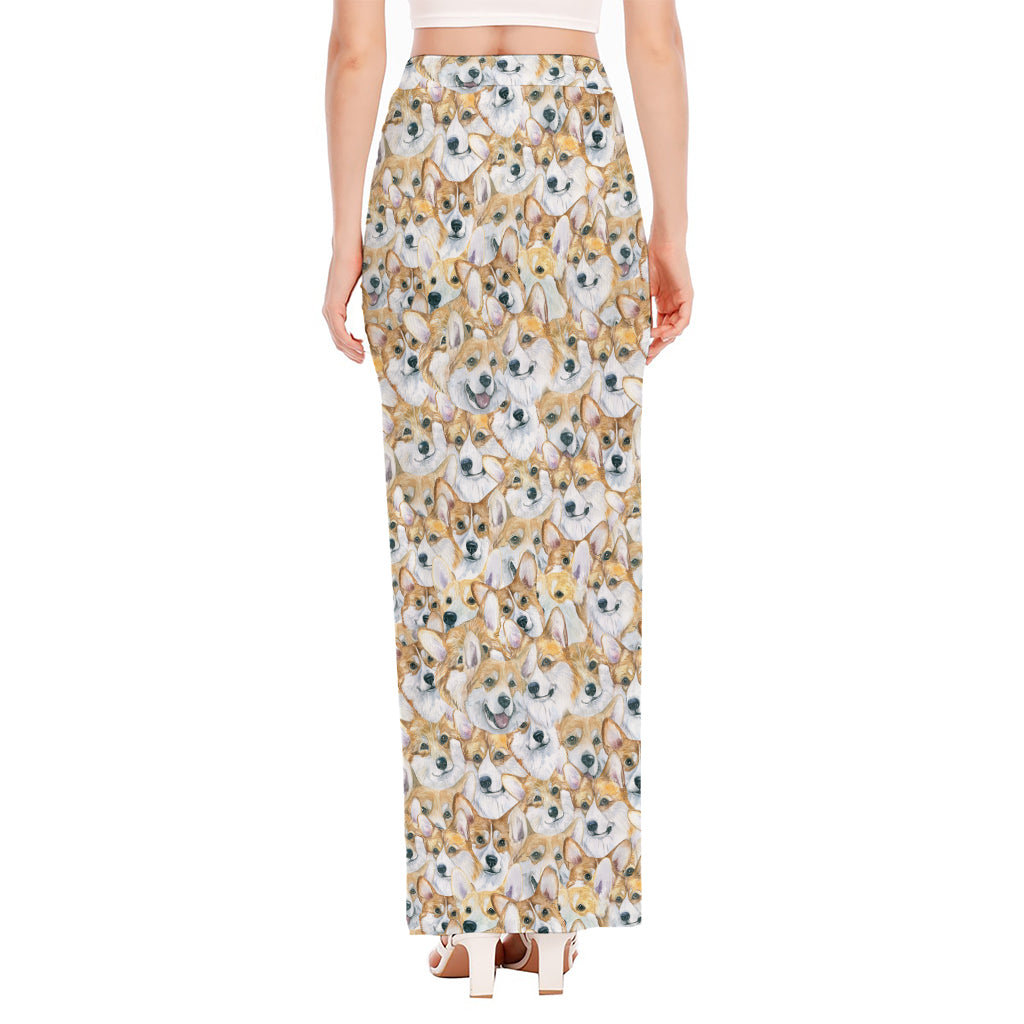 Watercolor Corgi Pattern Print High Slit Maxi Skirt