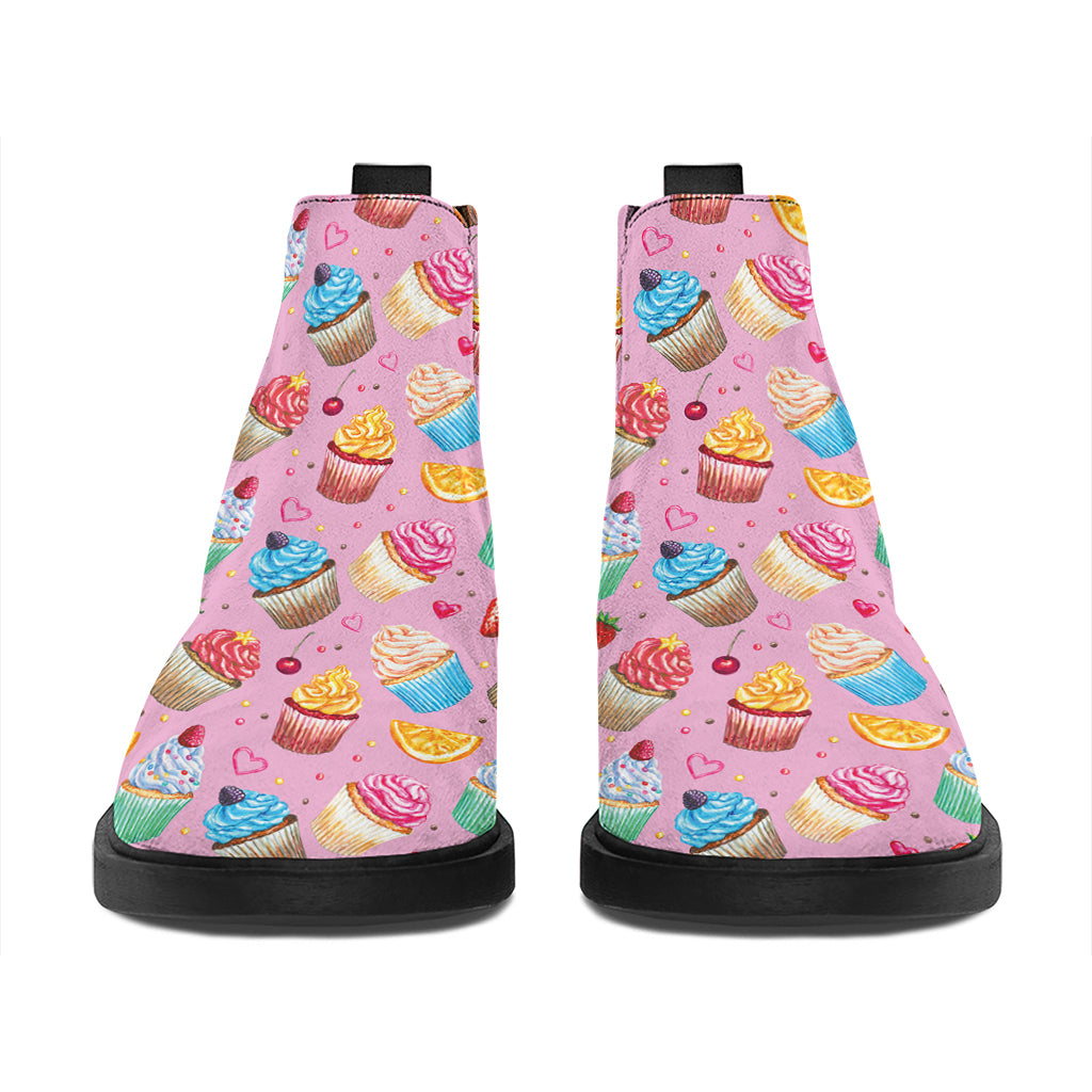 Watercolor Cupcake Pattern Print Flat Ankle Boots