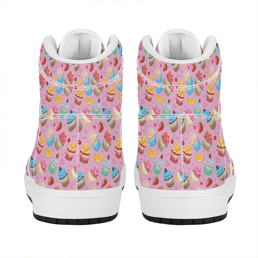 Watercolor Cupcake Pattern Print High Top Leather Sneakers