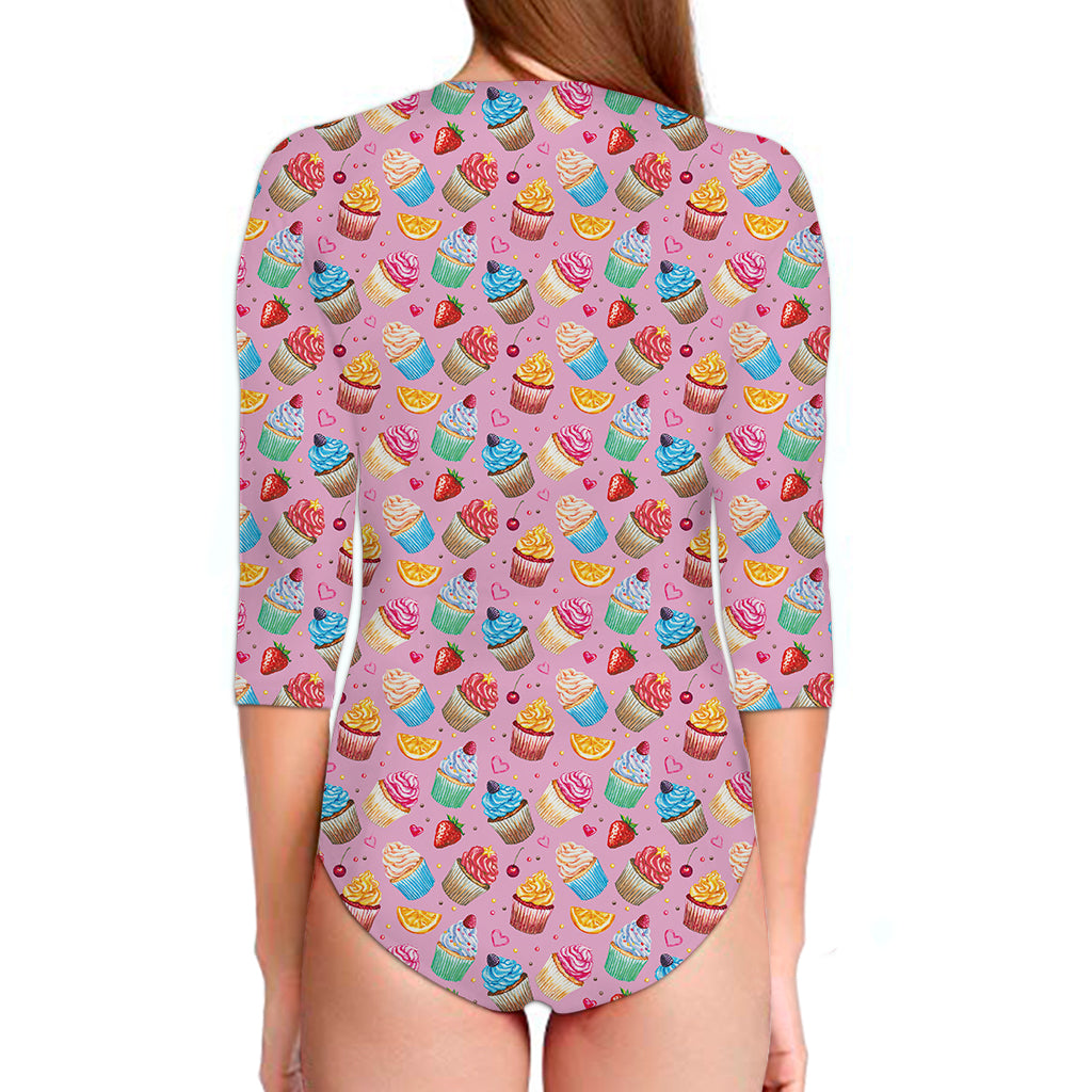 Watercolor Cupcake Pattern Print Long Sleeve Swimsuit