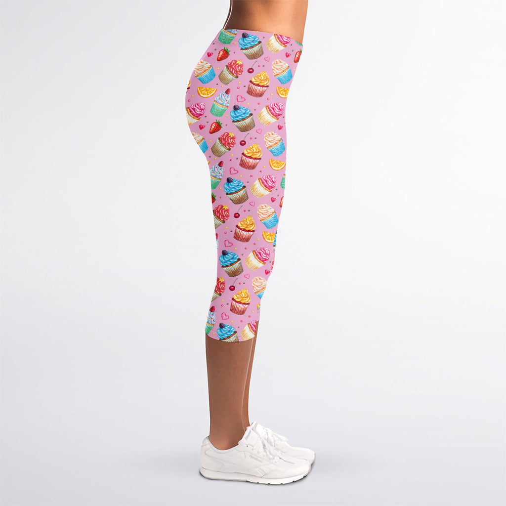 Watercolor Cupcake Pattern Print Women's Capri Leggings