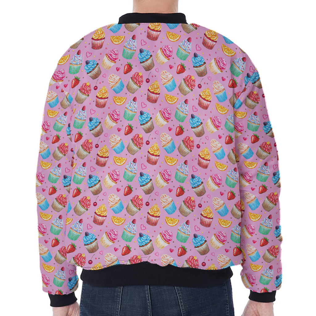 Watercolor Cupcake Pattern Print Zip Sleeve Bomber Jacket
