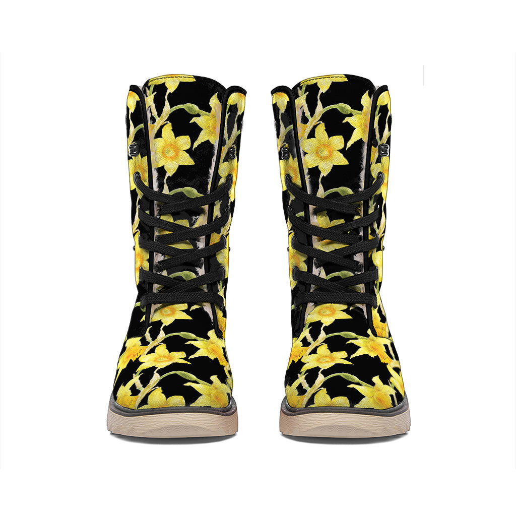 Watercolor Daffodil Flower Pattern Print Winter Boots