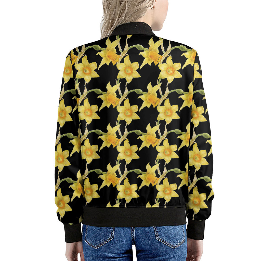 Watercolor Daffodil Flower Pattern Print Women's Bomber Jacket