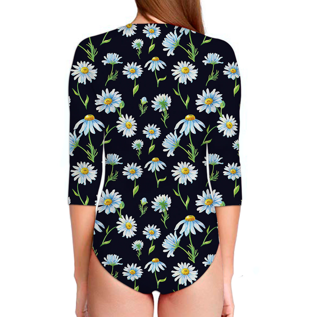 Watercolor Daisy Floral Pattern Print Long Sleeve Swimsuit