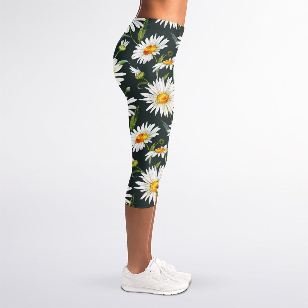 Watercolor Daisy Flower Pattern Print Women's Capri Leggings