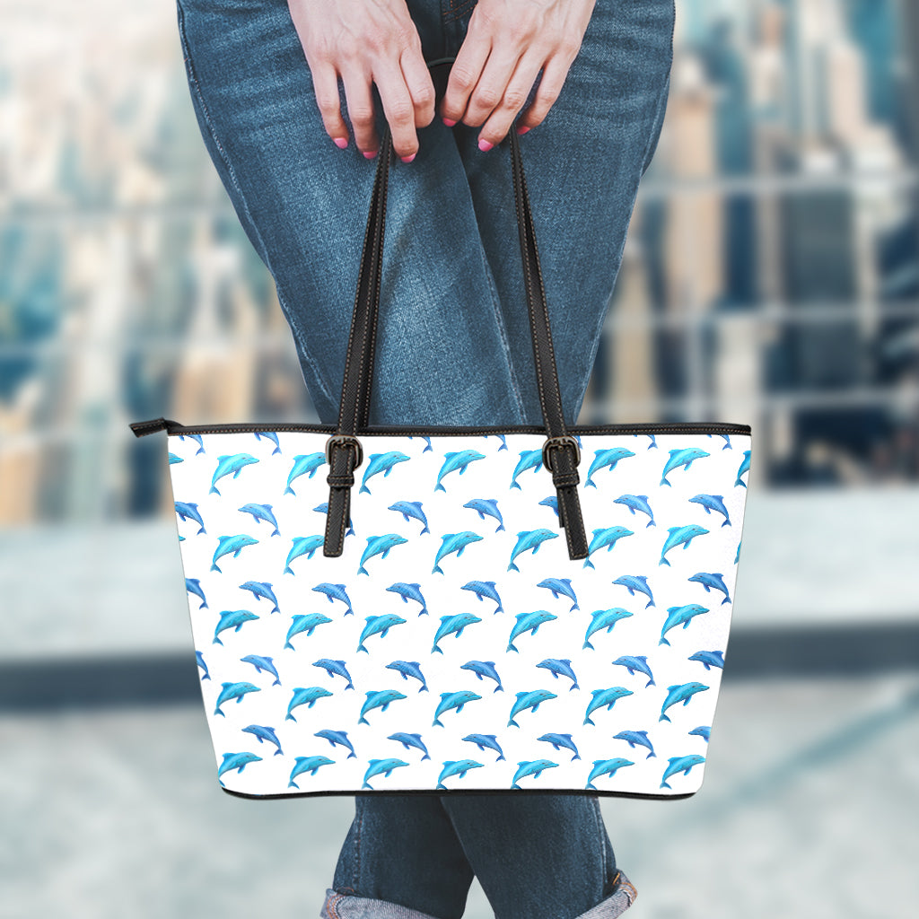 Watercolor Dolphin Pattern Print Leather Tote Bag