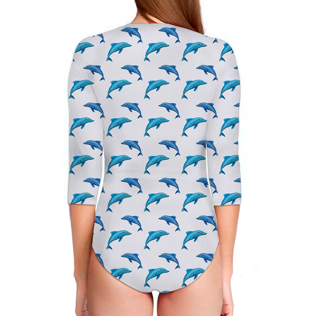 Watercolor Dolphin Pattern Print Long Sleeve Swimsuit