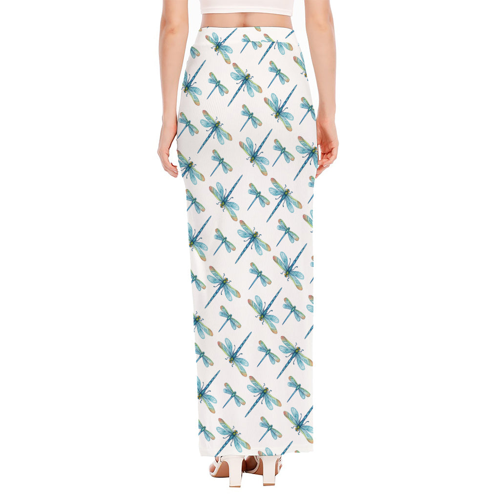 Watercolor Dragonfly Pattern Print High Slit Maxi Skirt