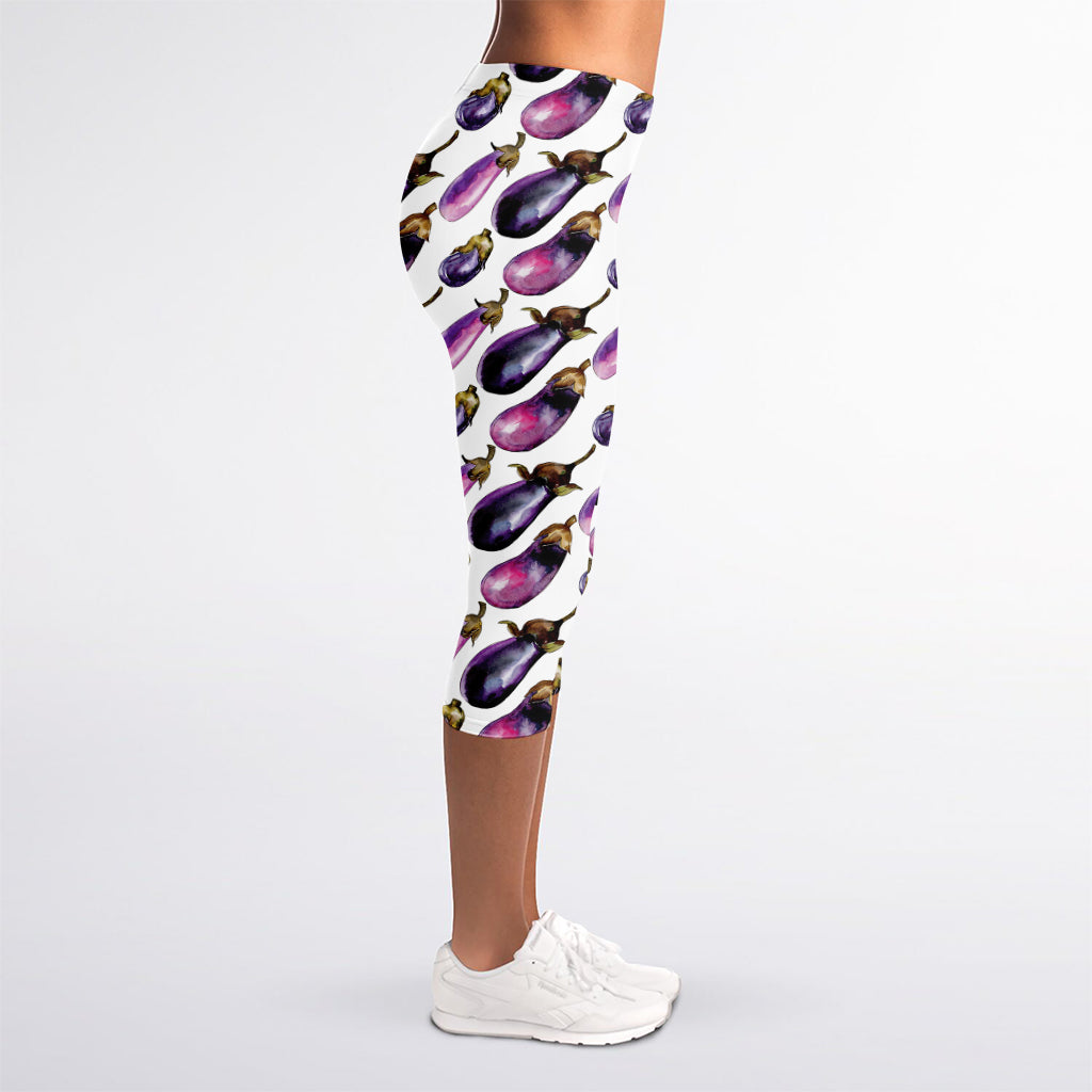 Watercolor Eggplant Pattern Print Women's Capri Leggings
