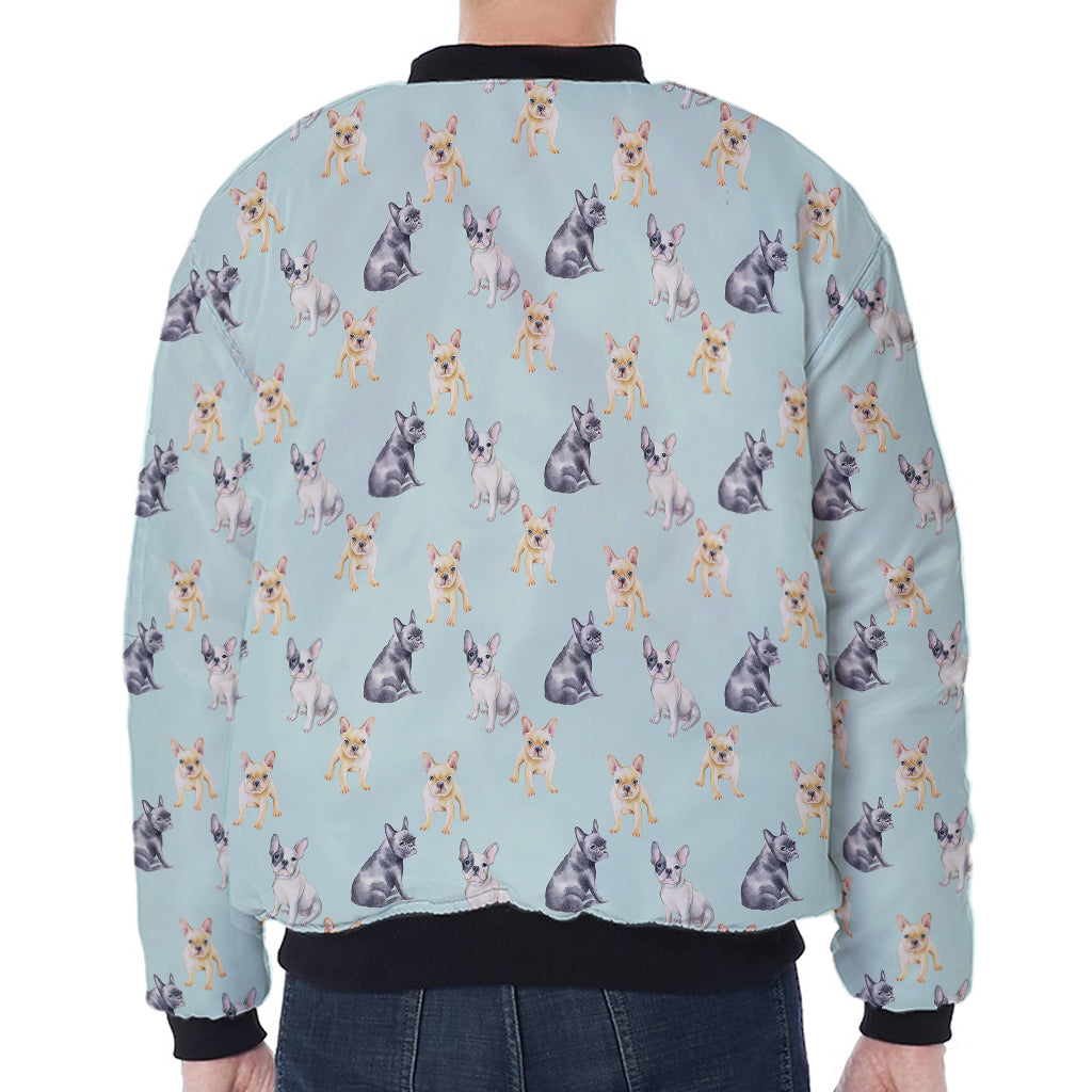 Watercolor French Bulldog Pattern Print Zip Sleeve Bomber Jacket