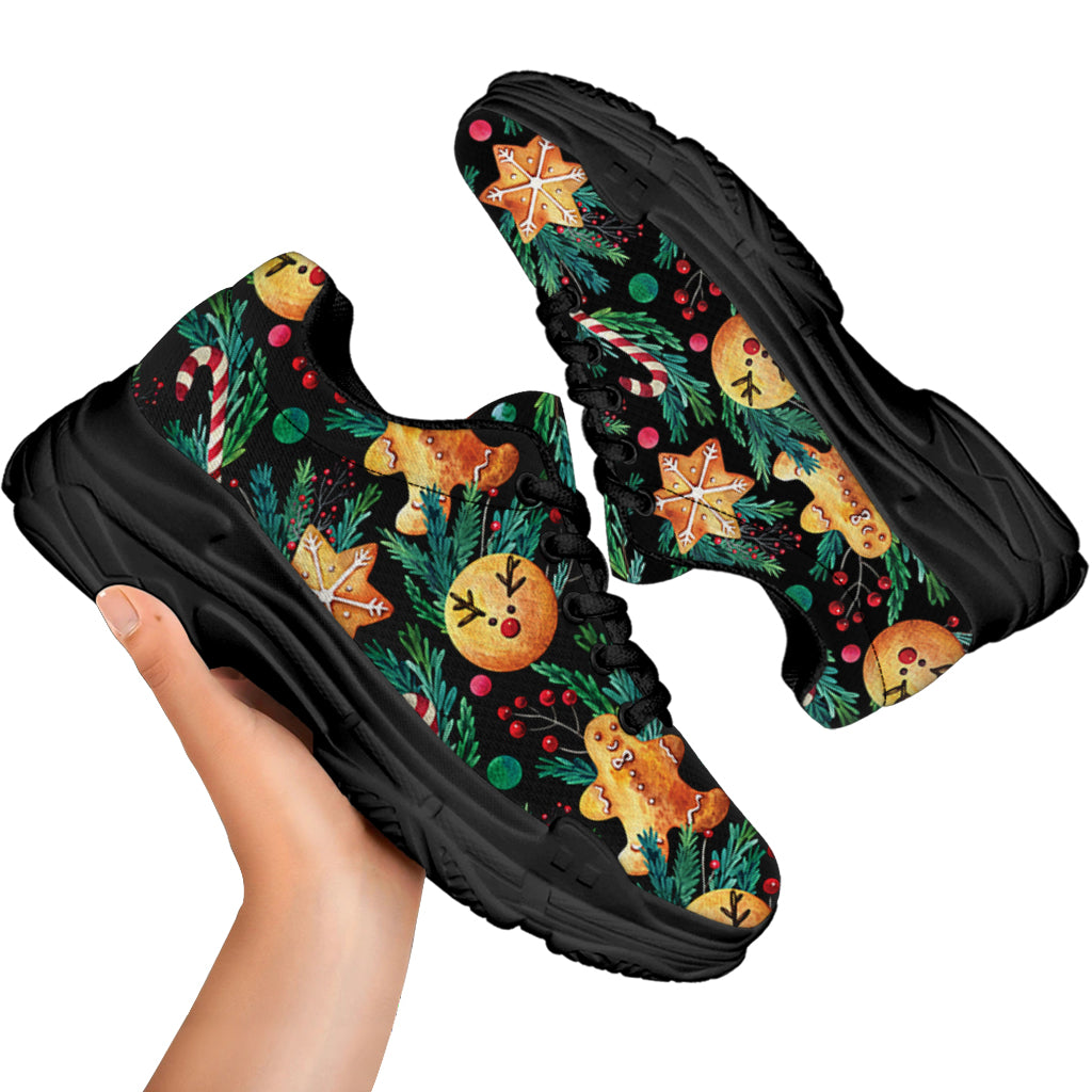 Watercolor Gingerbread Pattern Print Black Chunky Shoes