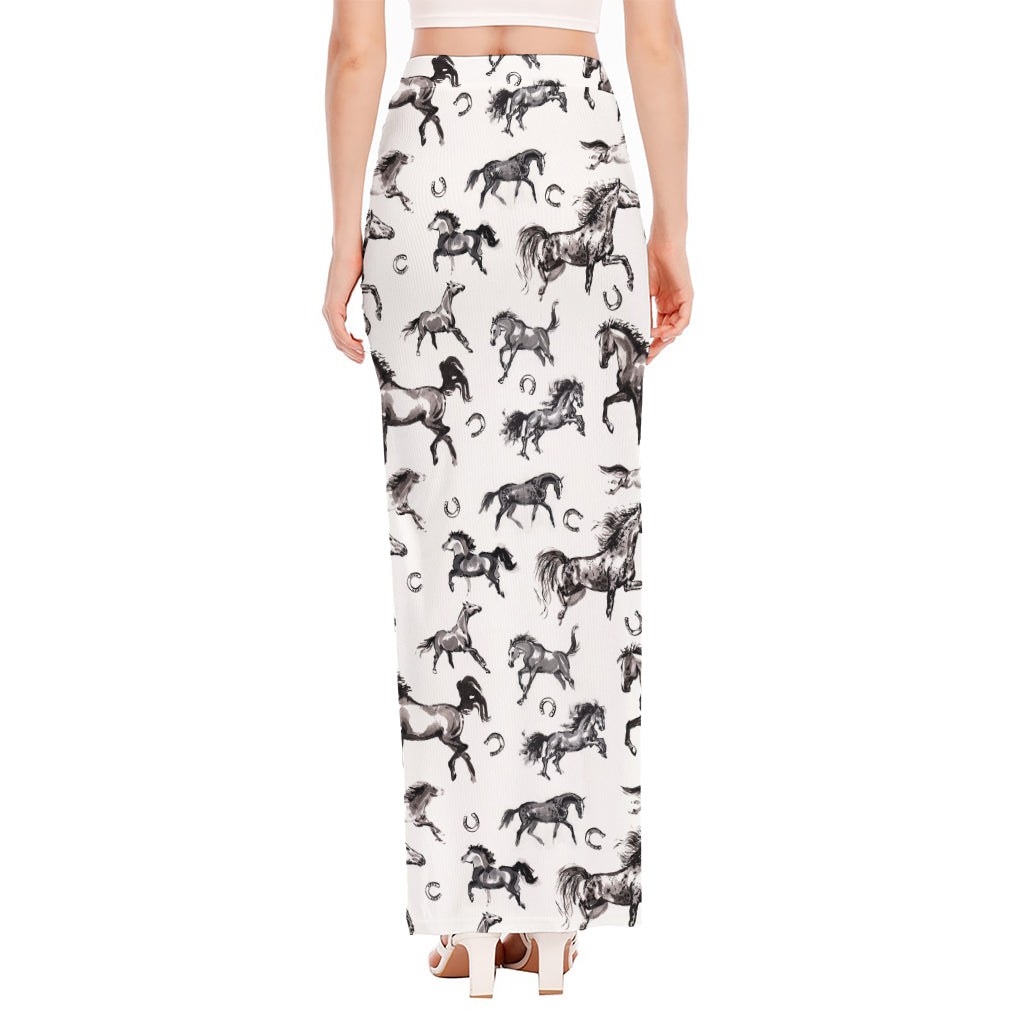 Watercolor Horse Pattern Print High Slit Maxi Skirt