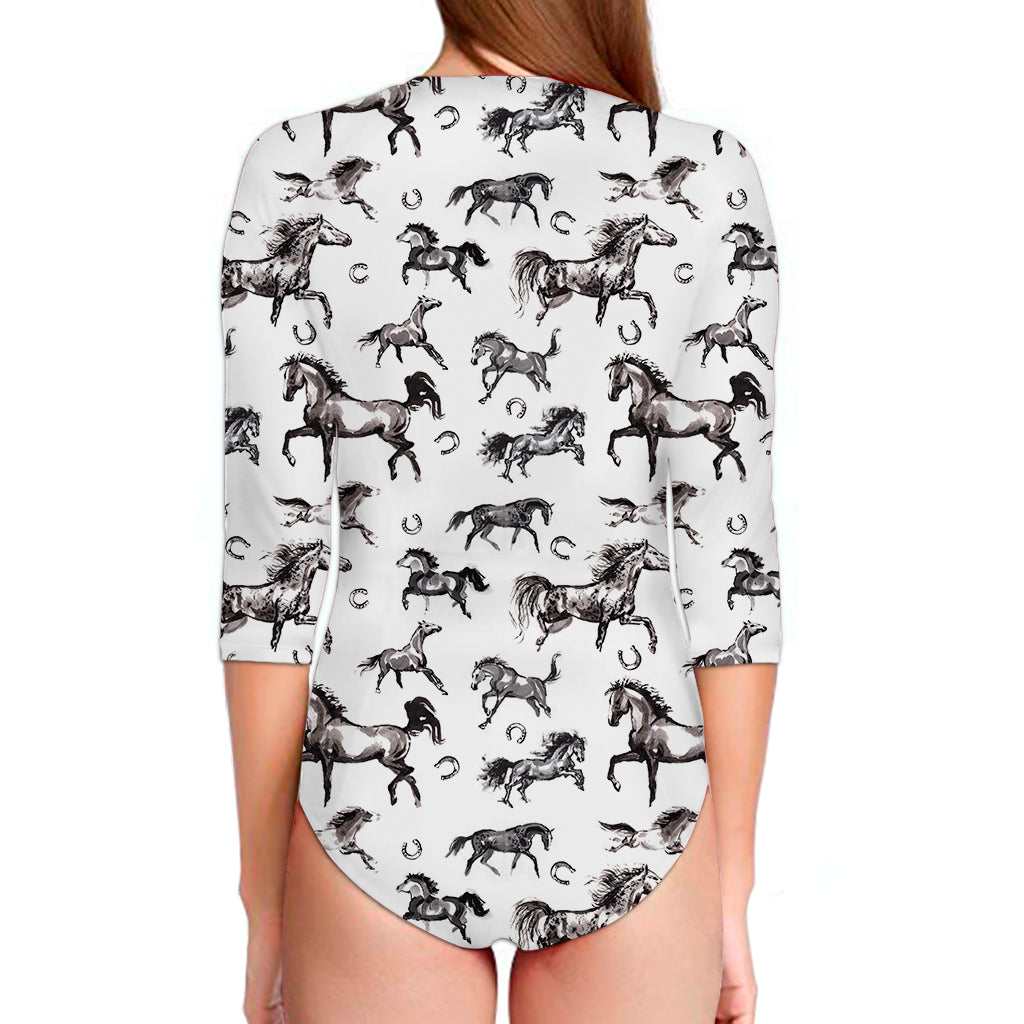 Watercolor Horse Pattern Print Long Sleeve Swimsuit