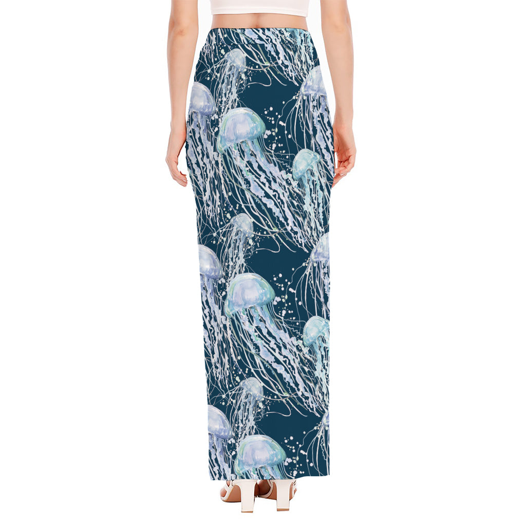 Watercolor Jellyfish Pattern Print High Slit Maxi Skirt