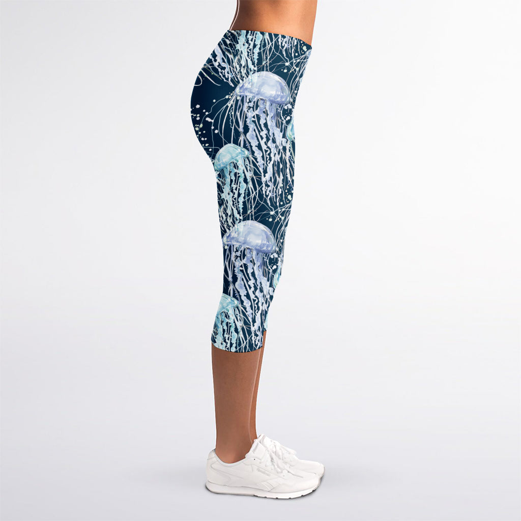 Watercolor Jellyfish Pattern Print Women's Capri Leggings