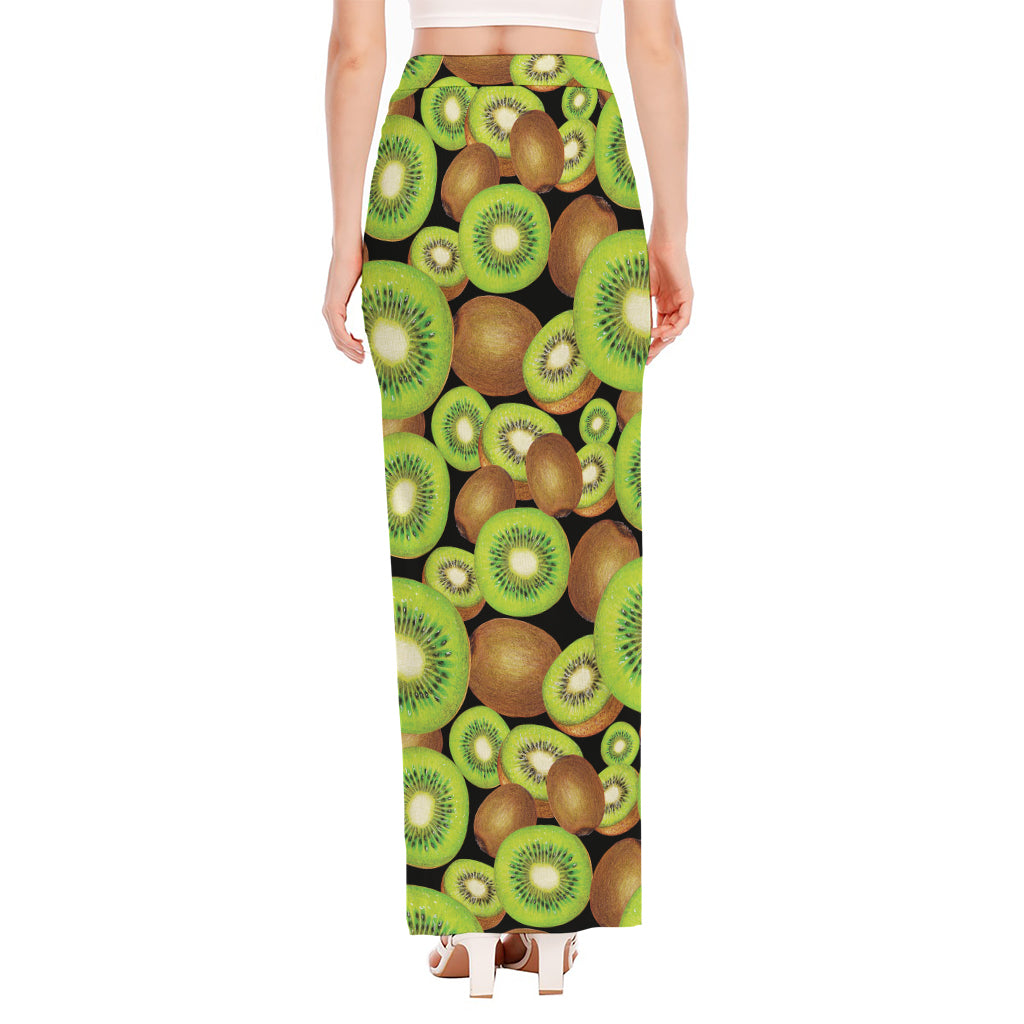 Watercolor Kiwi Pattern Print High Slit Maxi Skirt