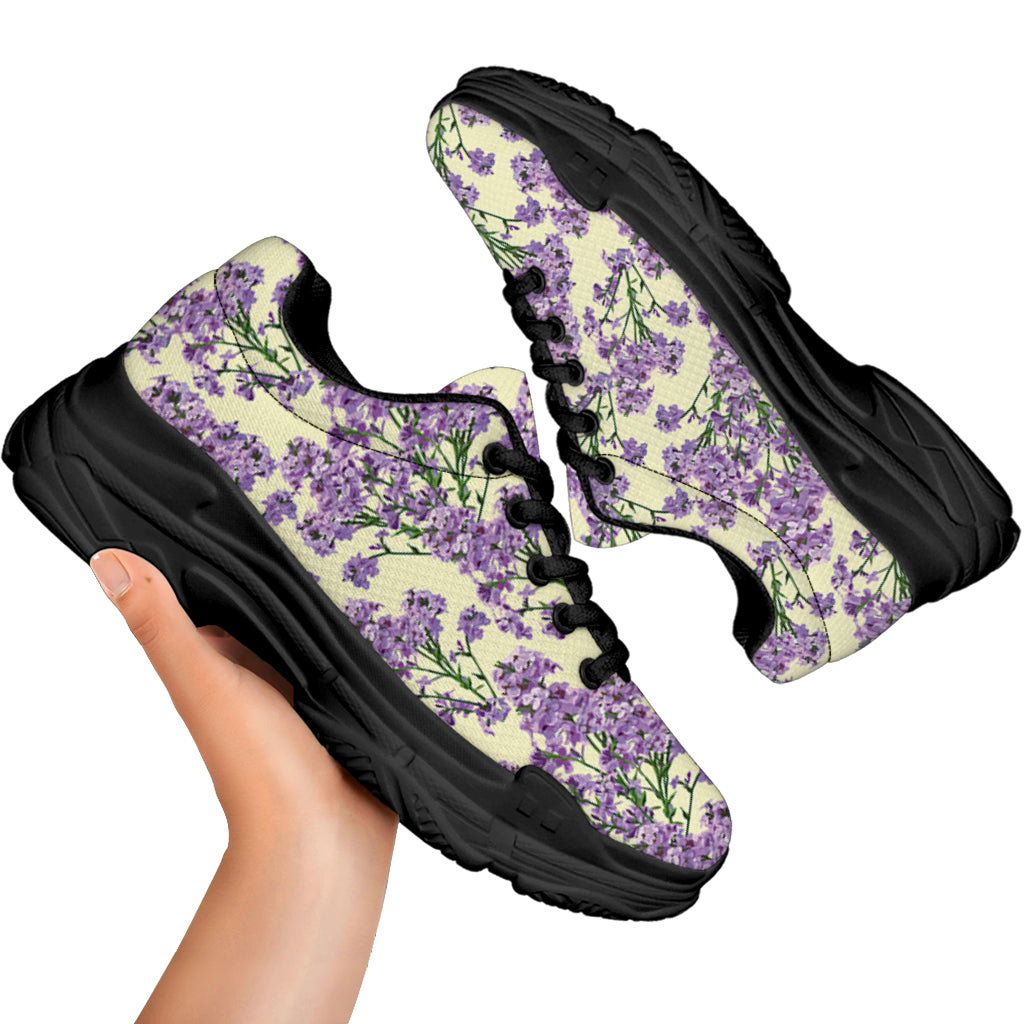 Watercolor Lavender Pattern Print Black Chunky Shoes