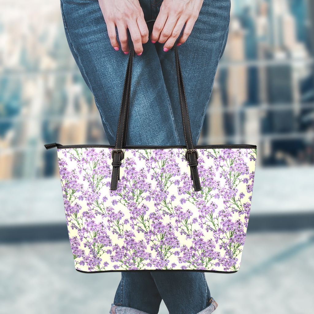 Watercolor Lavender Pattern Print Leather Tote Bag