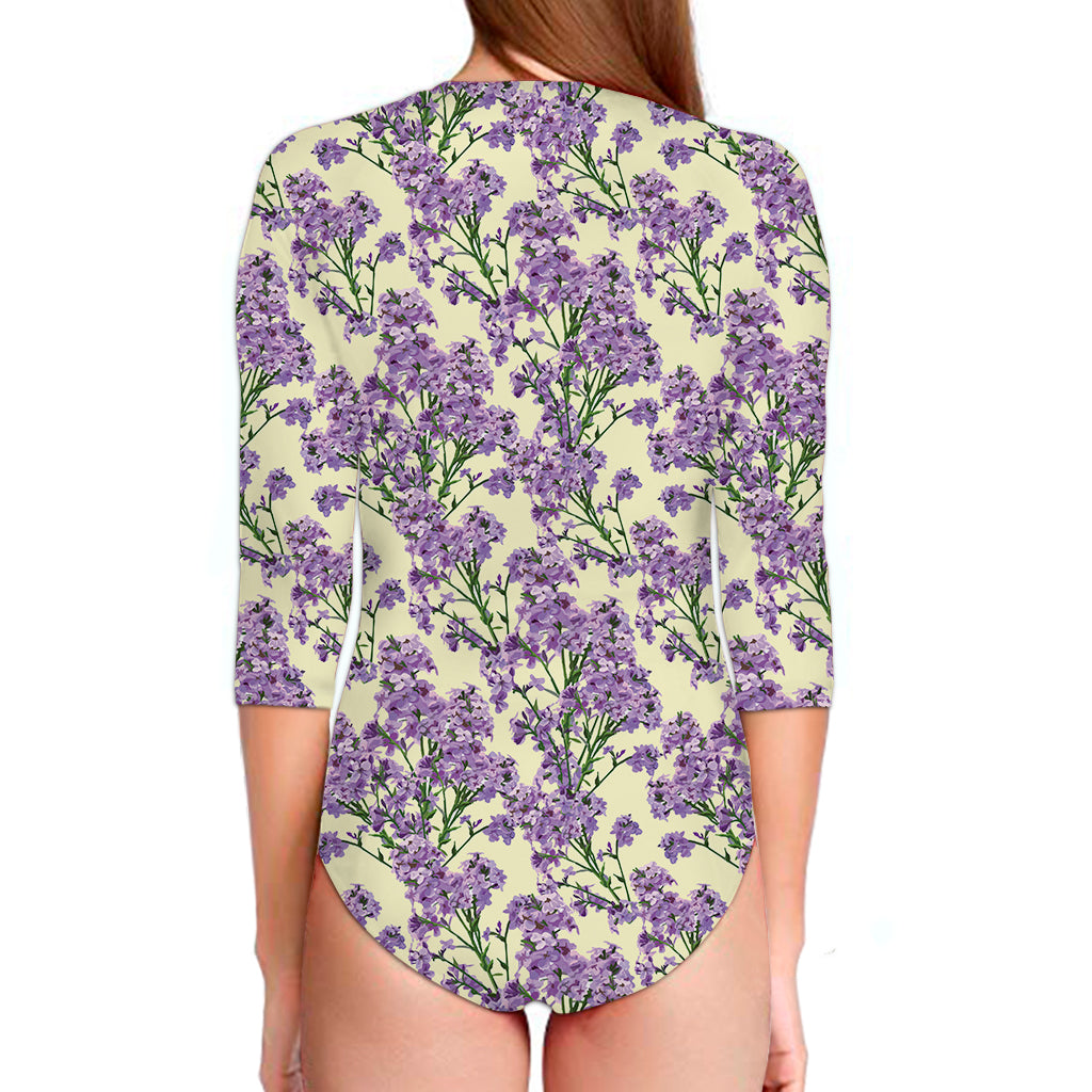 Watercolor Lavender Pattern Print Long Sleeve Swimsuit