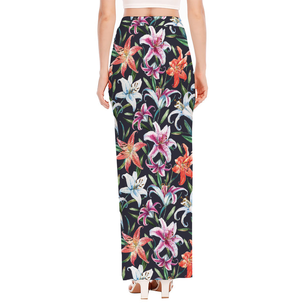 Watercolor Lily Flowers Pattern Print High Slit Maxi Skirt