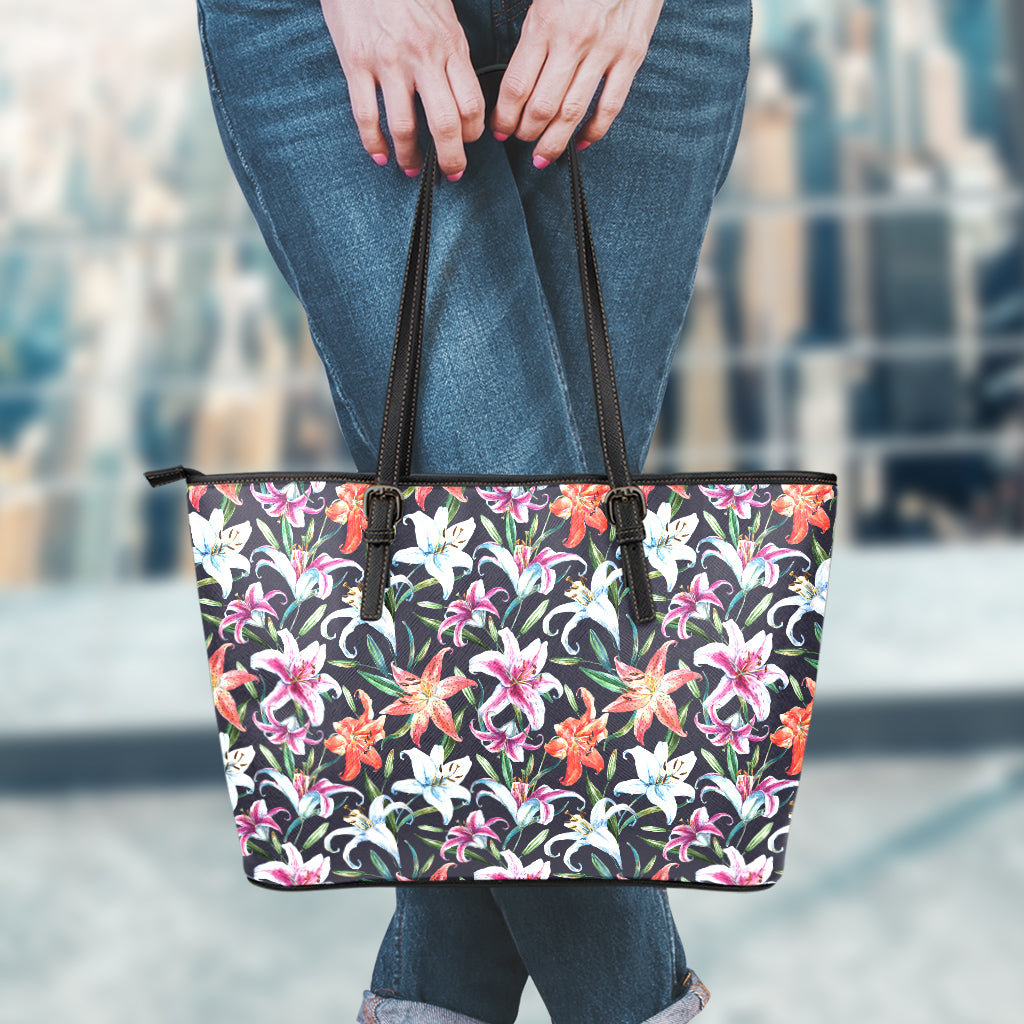Watercolor Lily Flowers Pattern Print Leather Tote Bag