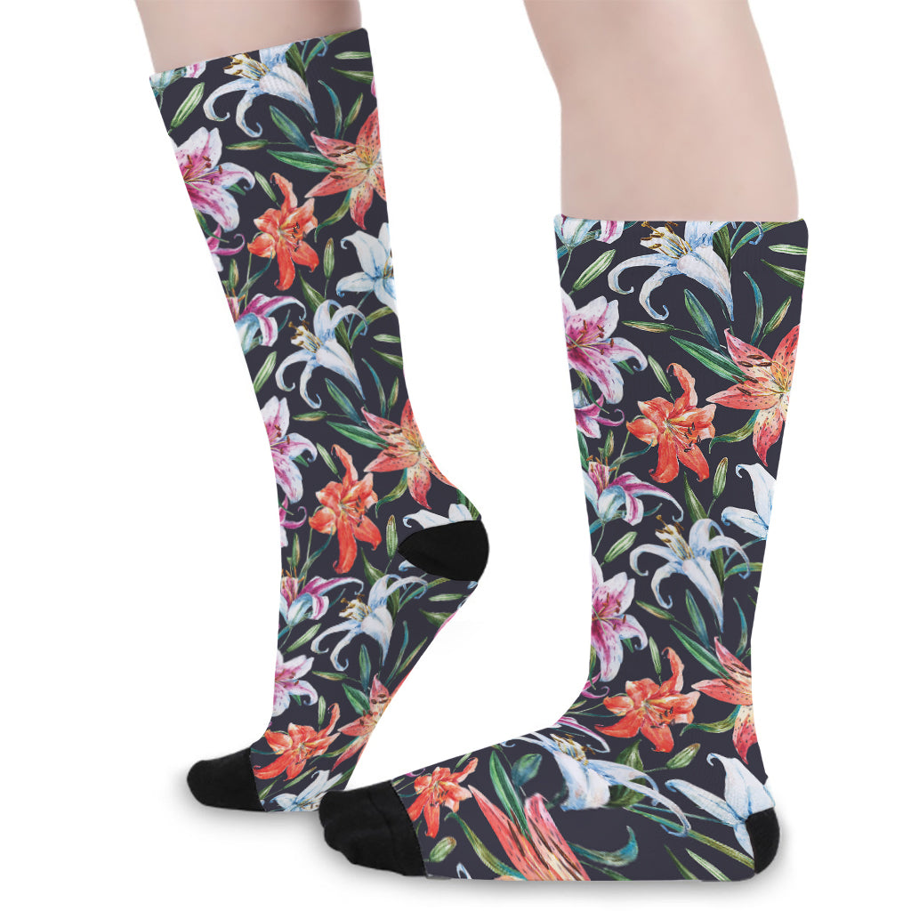 Watercolor Lily Flowers Pattern Print Long Socks