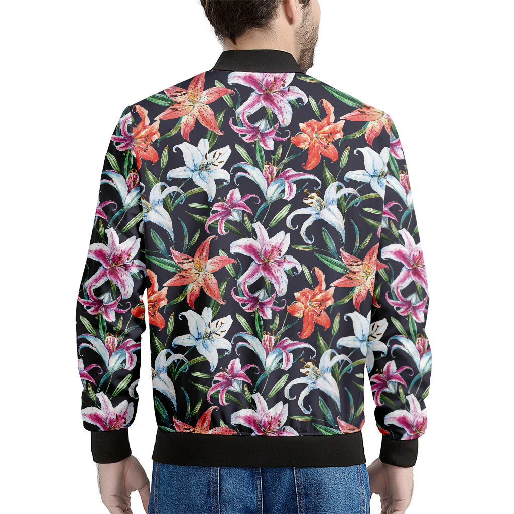 Watercolor Lily Flowers Pattern Print Men's Bomber Jacket