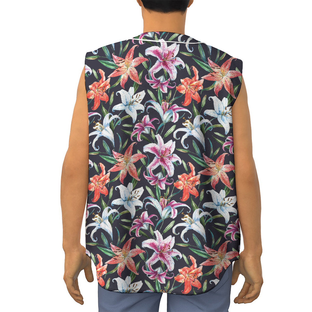 Watercolor Lily Flowers Pattern Print Sleeveless Baseball Jersey