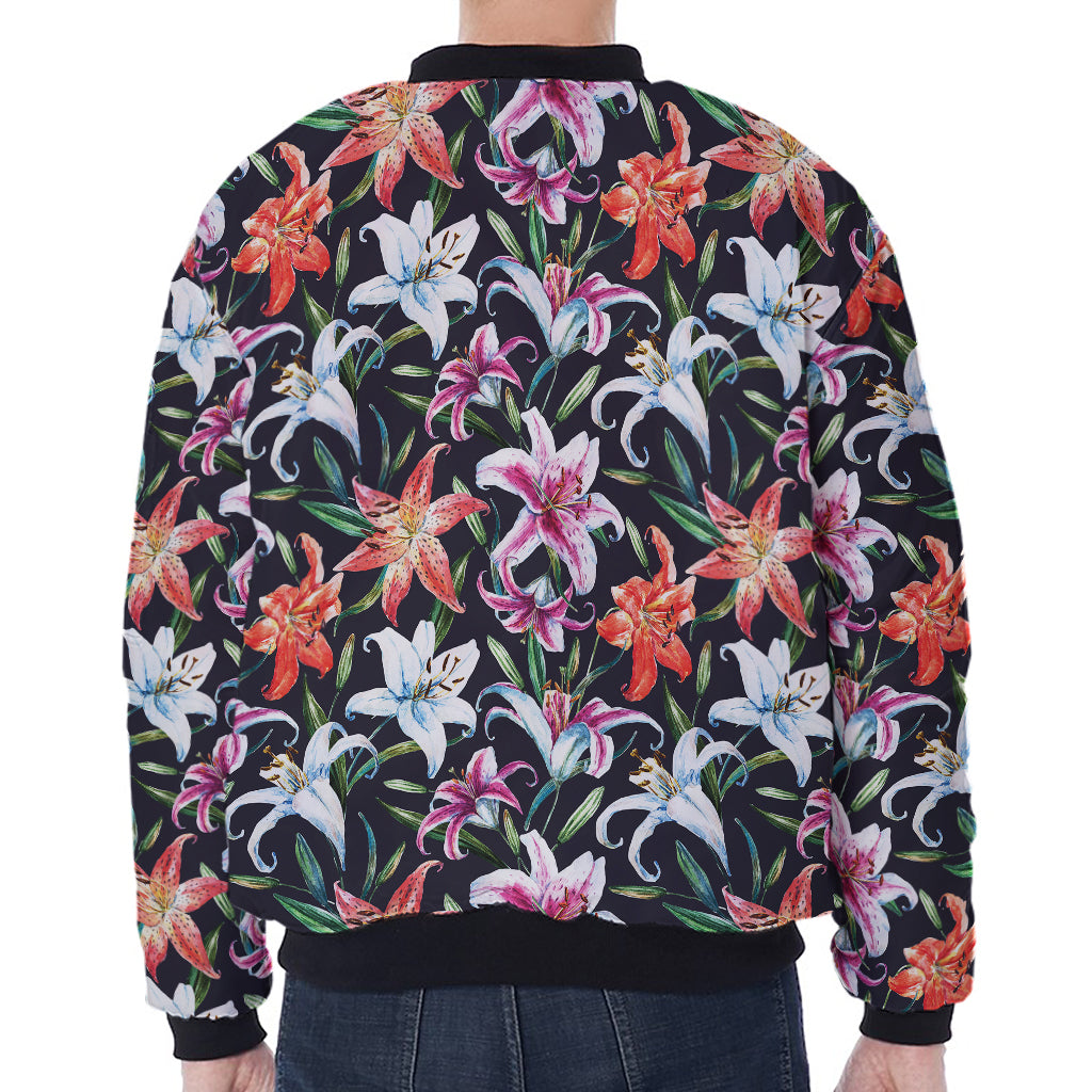 Watercolor Lily Flowers Pattern Print Zip Sleeve Bomber Jacket