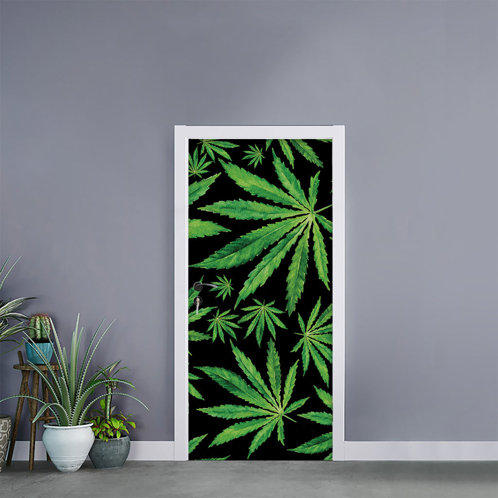 Watercolor Marijuana Leaf Pattern Print Door Sticker